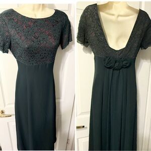 Vintage Lanz of Salzburg Green Gown with Detachable Train 80s 90s Maxi Dress 2P